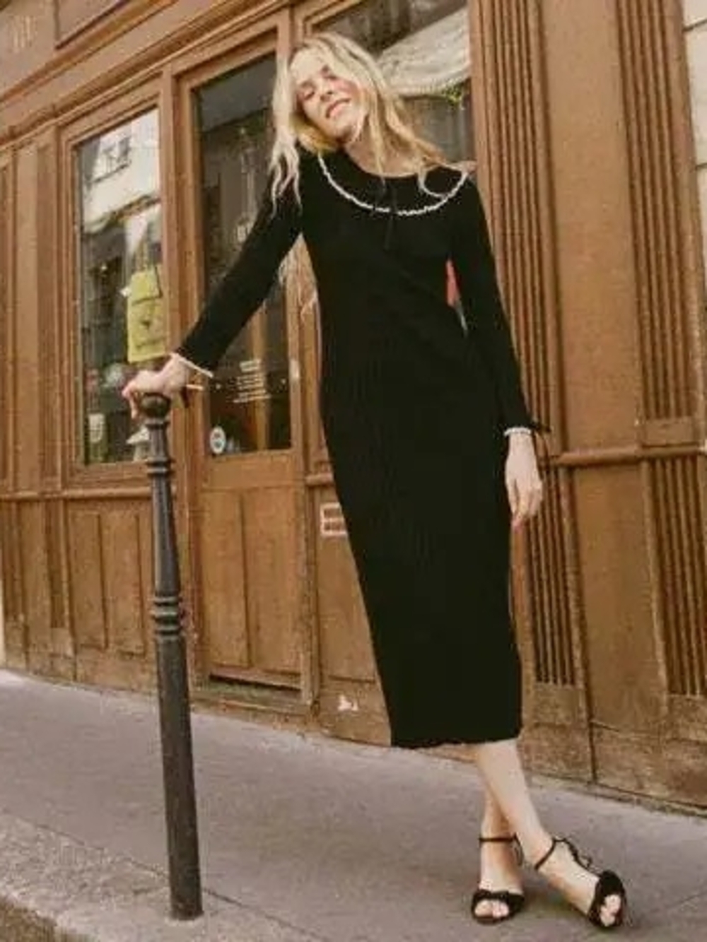 Long Sleeve Black Midi Dress with Chain Detail